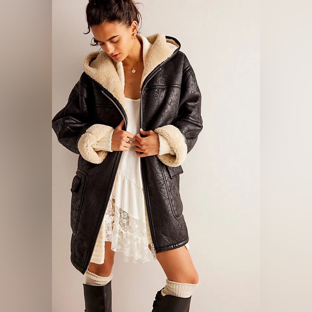 Free People Black Shearling-Lined Coat with Cream Trim XL